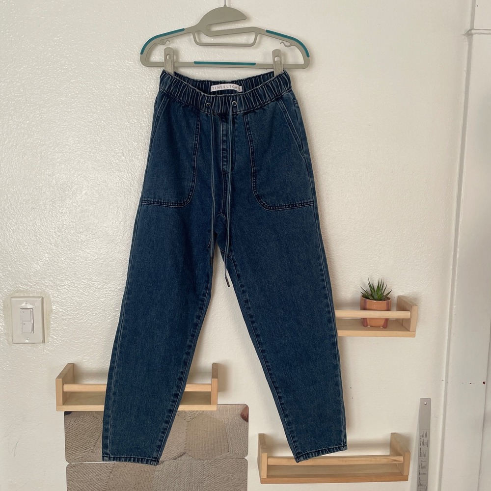 Tinseltown Womens‎ High Rise Elastic Waist Denim Joggers Medium Wash Blue XS